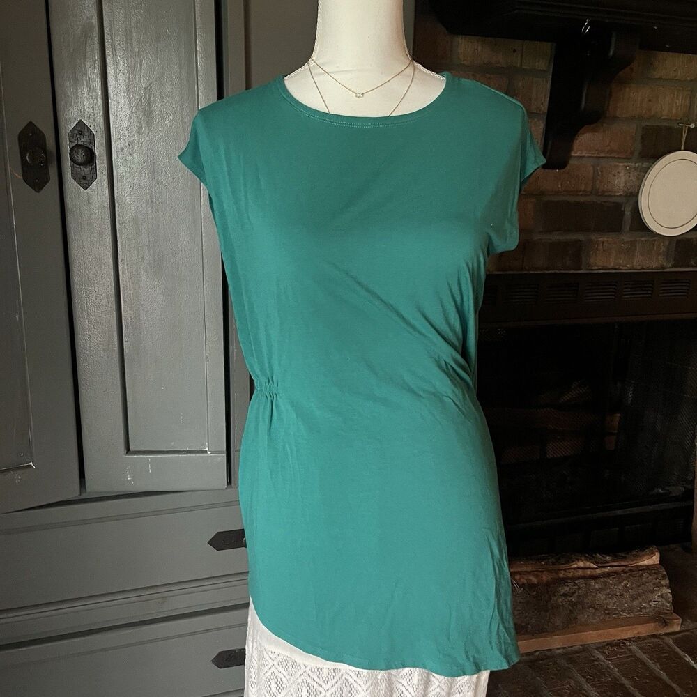 Nwot $118 Eileen Fisher Viscose Jersey Jewel Neck Top Turquoise Size XS